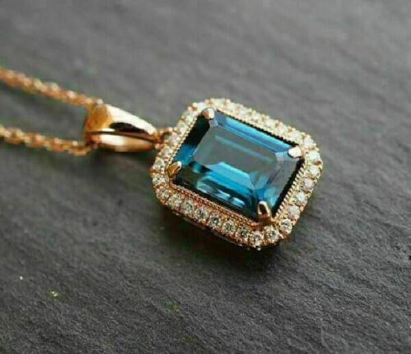 3.00Ct Emerald Cut London Blue Topaz Diamond Halo Pendant 14K Yellow Gold Finish