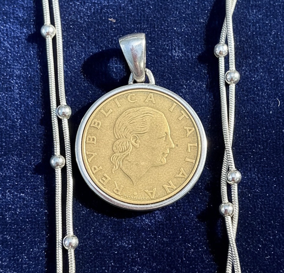 Milor Italy 925 Sterling Silver 200 Lire Coin Pendant Necklace 1998 Vintage 34″