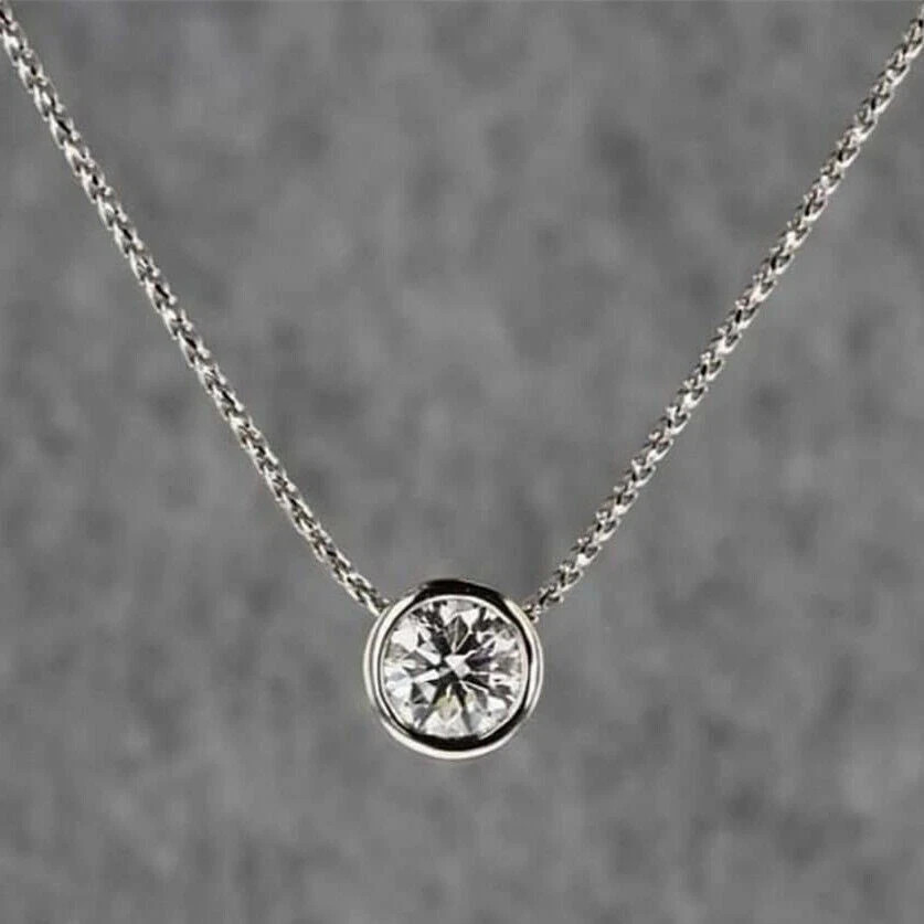 1.50 Ct Round Lab Created Diamond Bezel Pendant Necklace 14k White Gold Plated