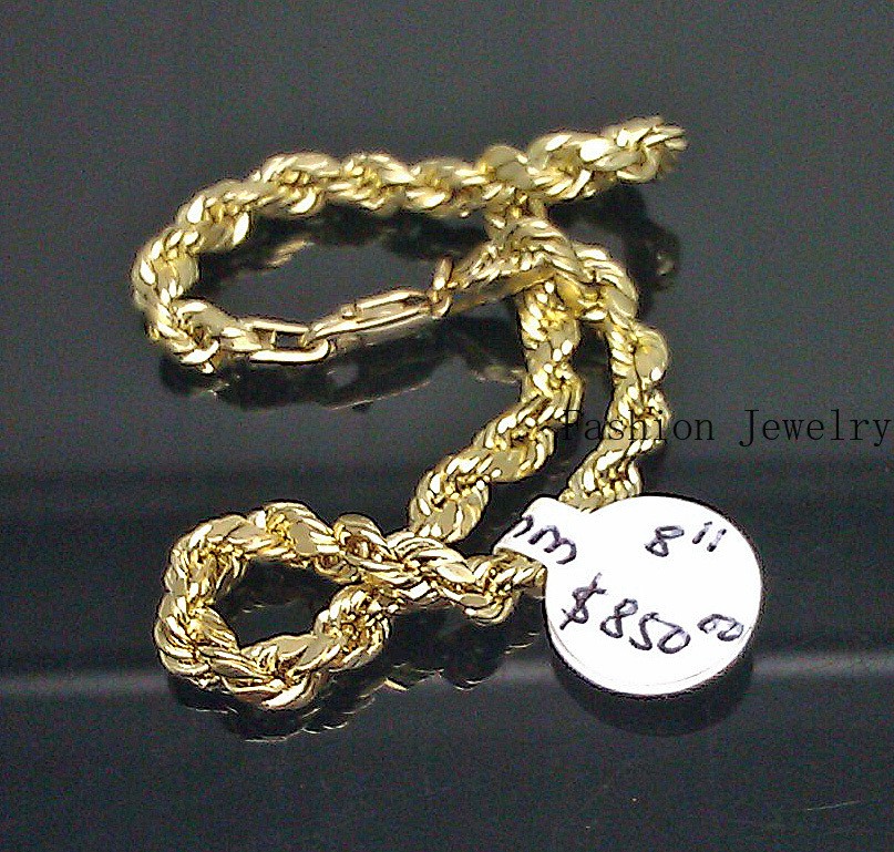 Real 10k Yellow Gold Rope Chain Bracelet 4mm 8 Inch Men women diamond Cut