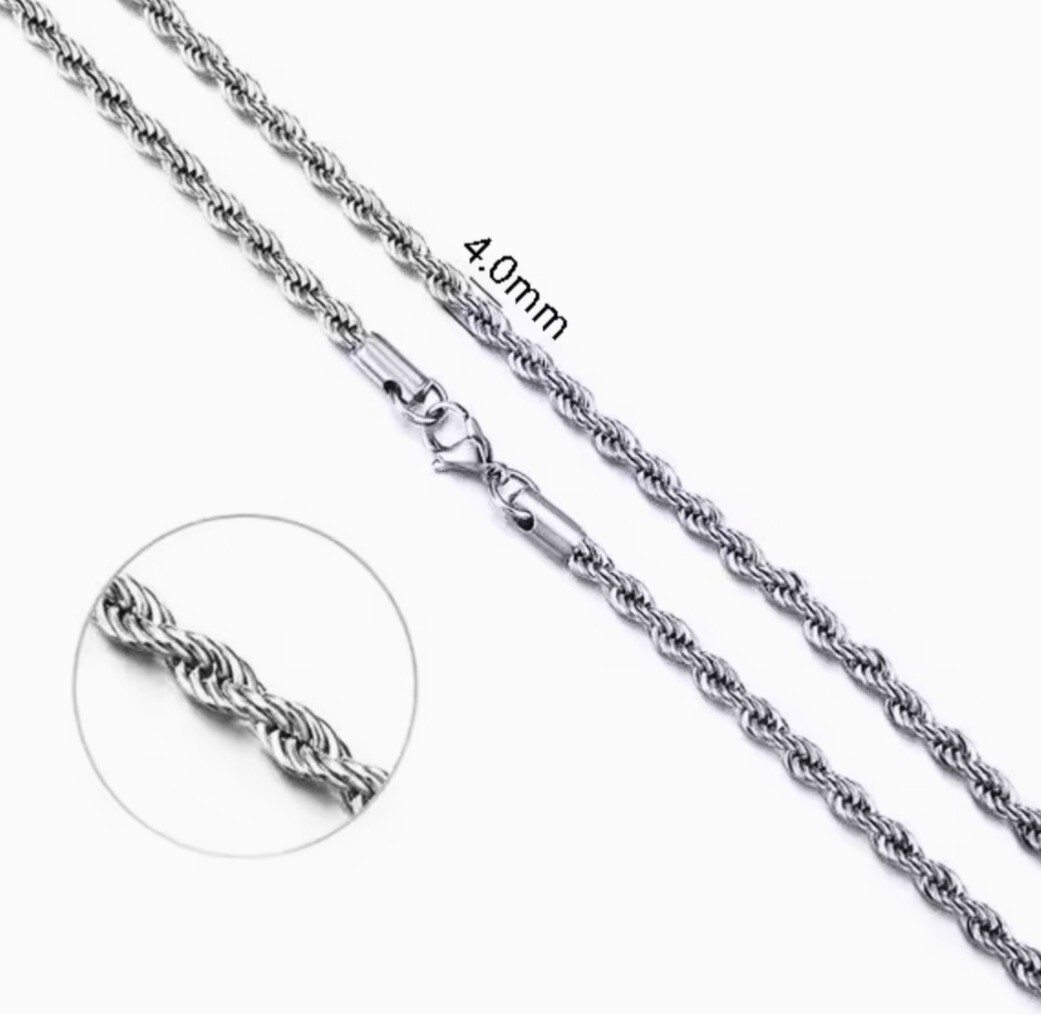 Mens Silver Rope Chain Necklace Stainless Steel Lobster Clasp 2–4mm Link