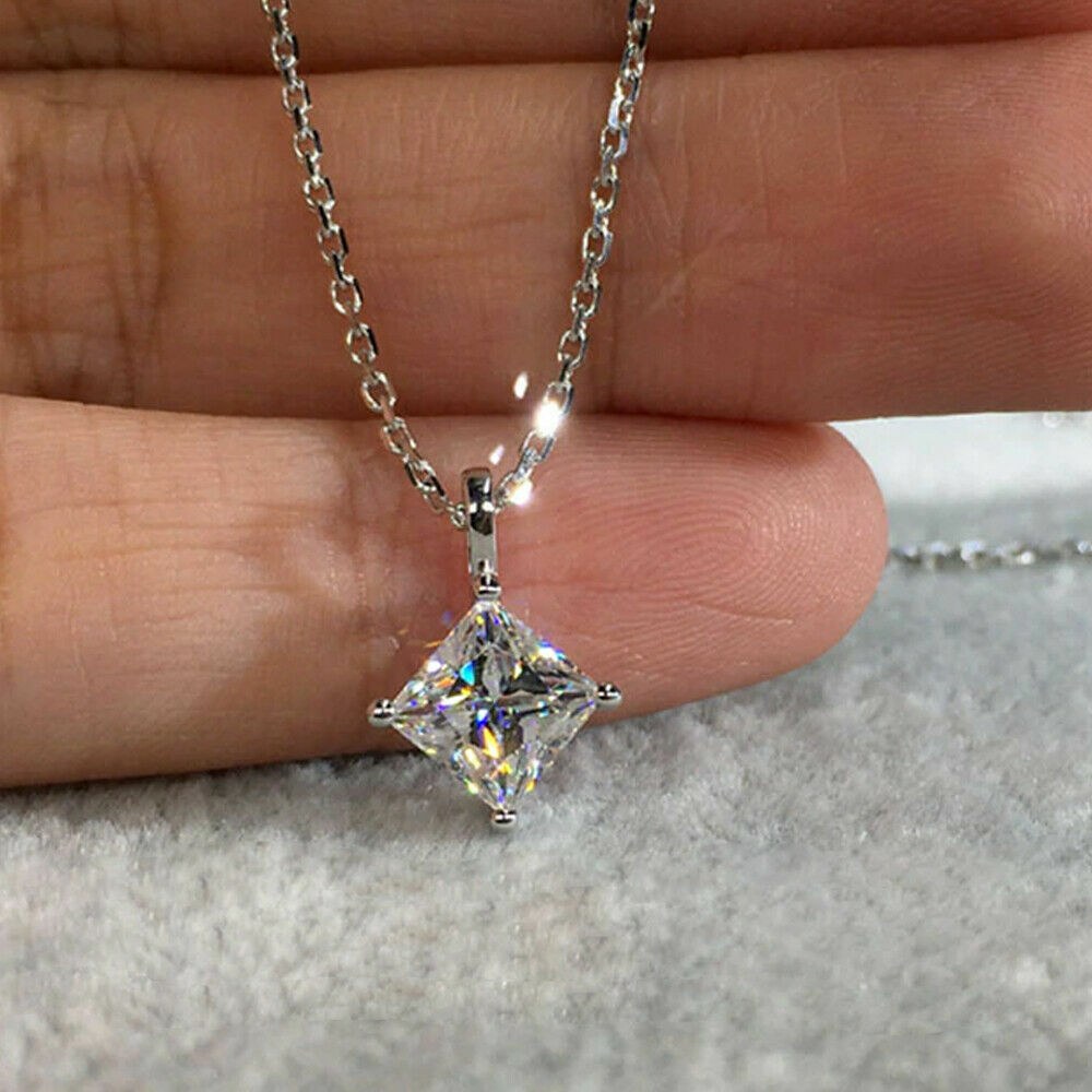 3.00Ct Princess Cut Moissanite 4 Prong Solitaire Necklace 10K Solid White Gold