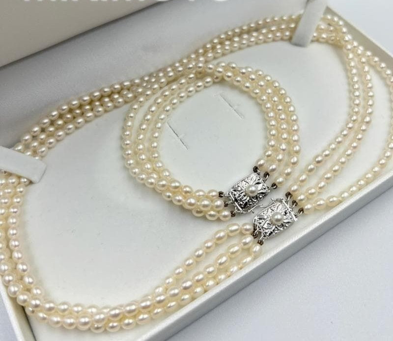 Mikimoto Pearl 4mm 3 Strand Necklace and Bracelet SET Sterling Silver Gift