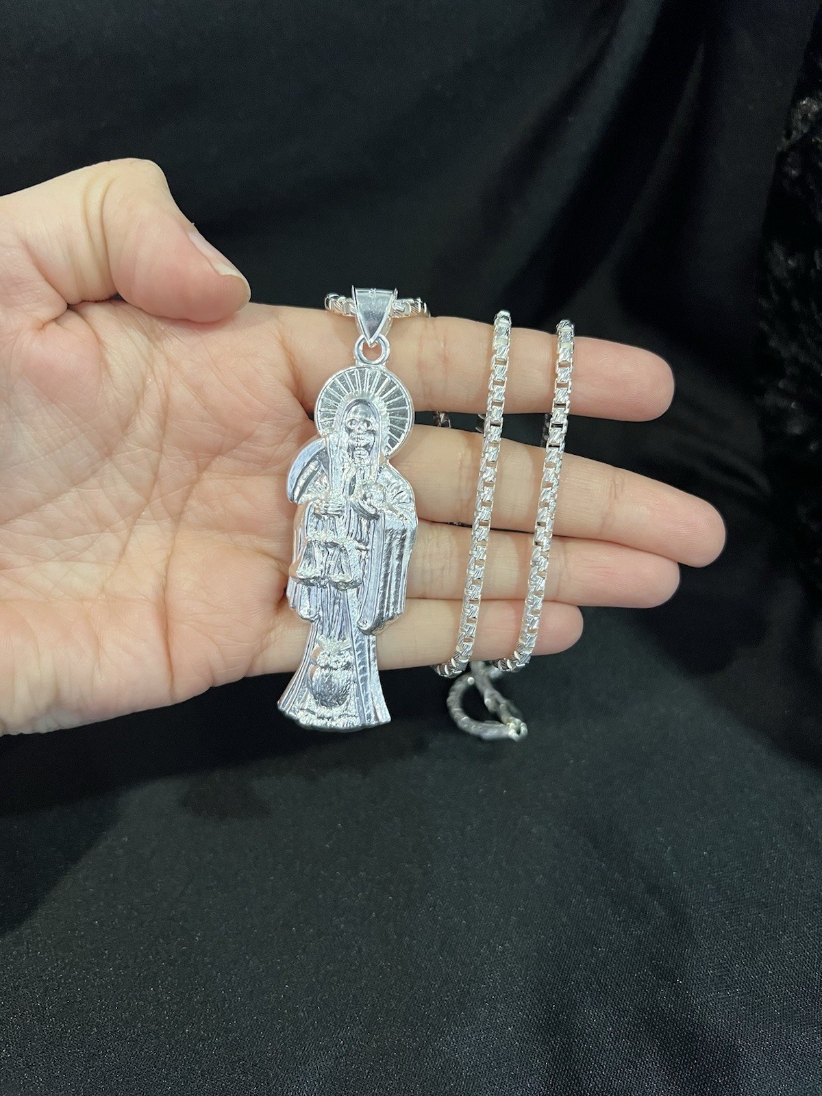 925 Sterling Silver Men Women Santa Muerte Big Grim Reaper & Box Chain 22 26 30