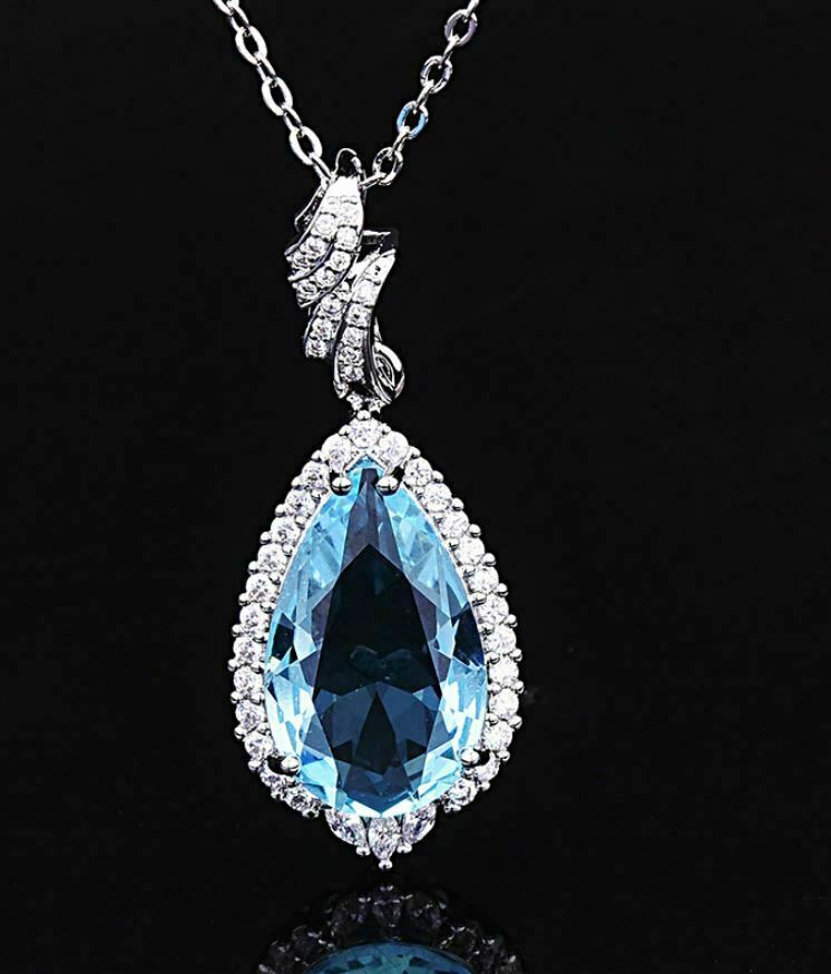 3Ct Pear Cut Aquamarine & Diamond Halo Pendant 14K White Gold Finish Free Chain