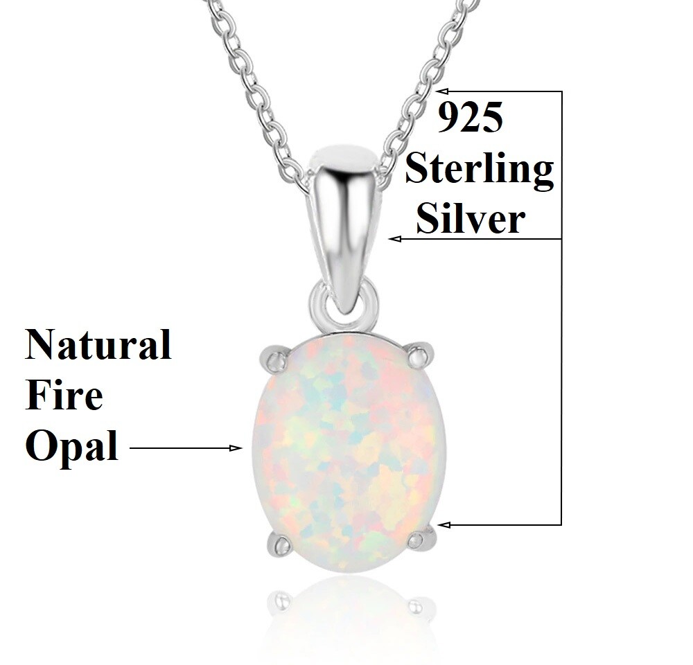 925 Sterling Silver White Fire Opal Womens Chain Link 18″ Pendant Necklace D679