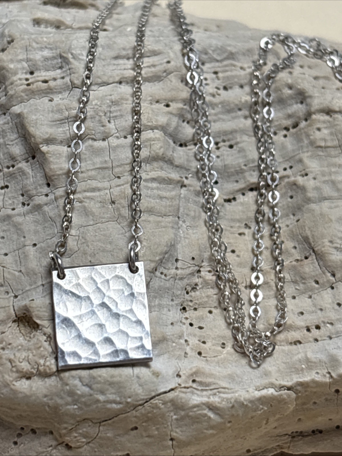 Minimalist Sterling Silver Necklace Square Hammered Pendant 17”