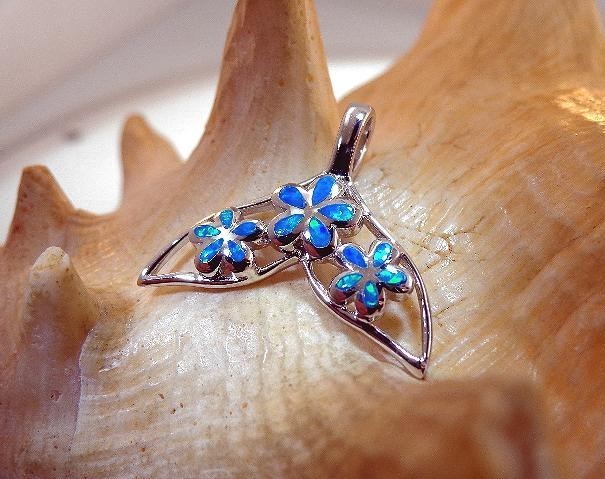 23.5MM SOLID 925 SILVER INLAID OPAL HAWAIIAN PLUMERIA WHALE TAIL SLIDE PENDNANT
