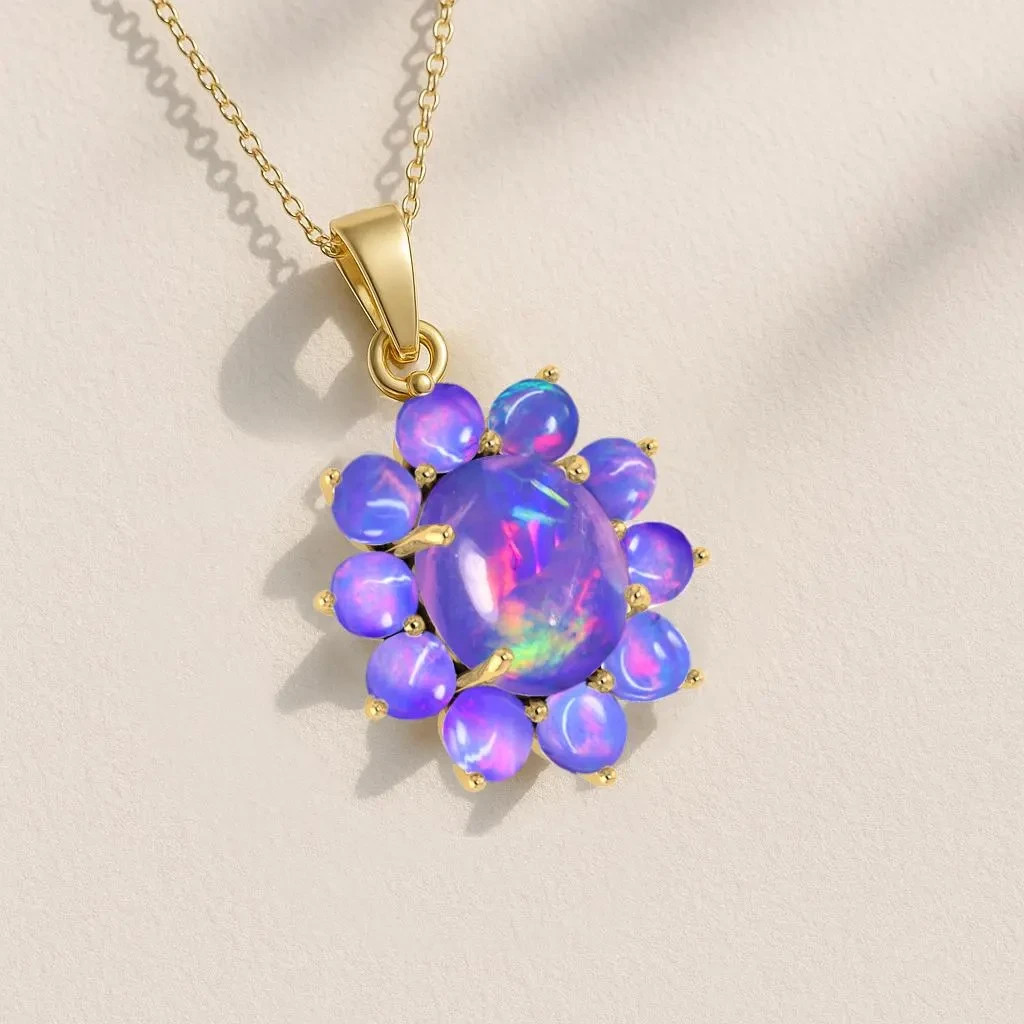 Natural Lavender Opal Gemstone Charm Pendant Necklace, Multifire Opal Gemstone