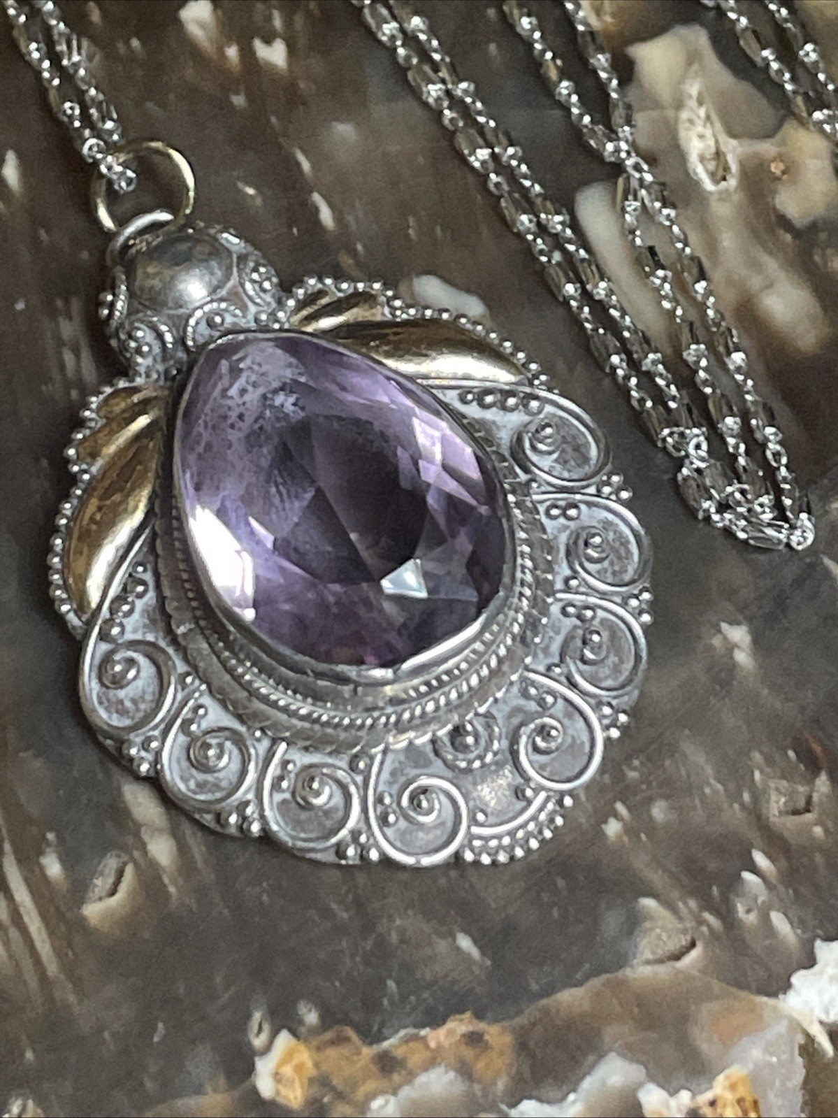 Faceted Amethyst And Sterling Silver Gold Accents Boho 23.5” Pendant Necklace