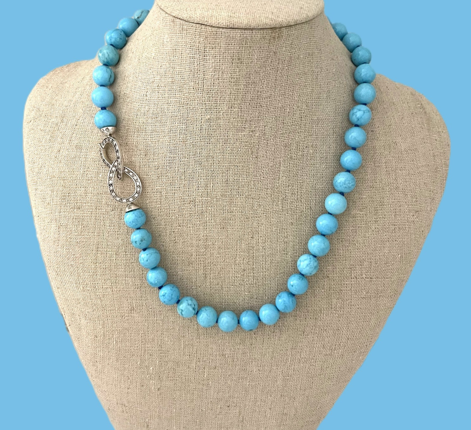 10-10.5MM TURQUOISE NECKLACE W/STERLING SILVER CLASP & PAVE CZ