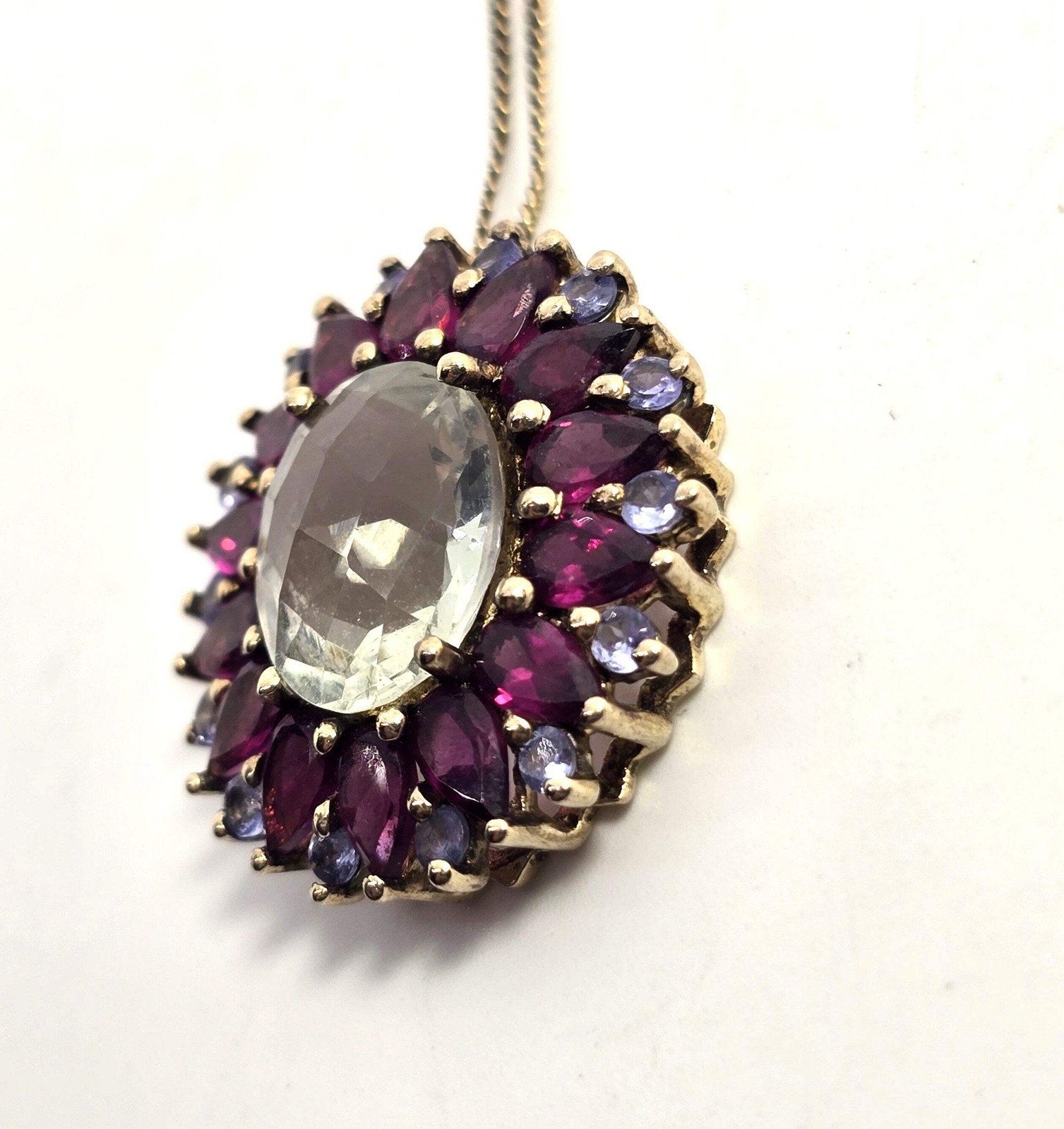 Prasiolite Green Amethyst Rhodolite Garnet tanzanite sterling silver necklace