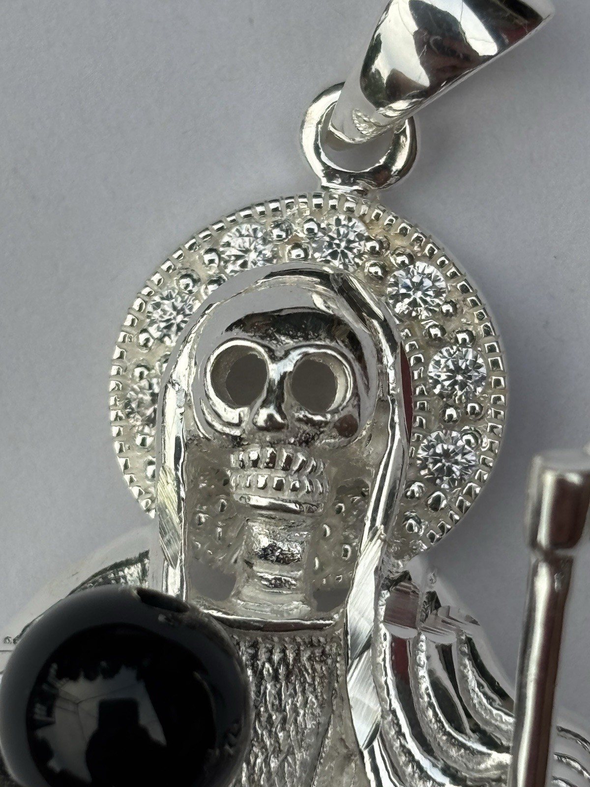 2.5″ ICED 925 STERLING SILVER LA SANTA MUERTE GRIM REAPER PENDANT CZ ONYX