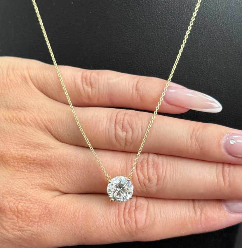 3Ct Round-Cut EF/VS1 Lab Grown Diamond Prong Necklace& Pendant 14k Yellow Gold