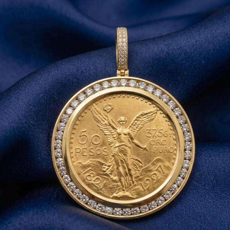 50 Pesos Coin Pendant Lab Diamond Bezel 14K Gold Plated Centenario Medallion