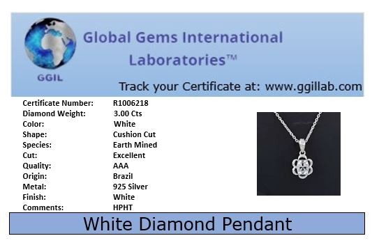 3.00 Ct VVS1 Cushion Cut Certified Diamond Solitaire Pendant, Free Studs