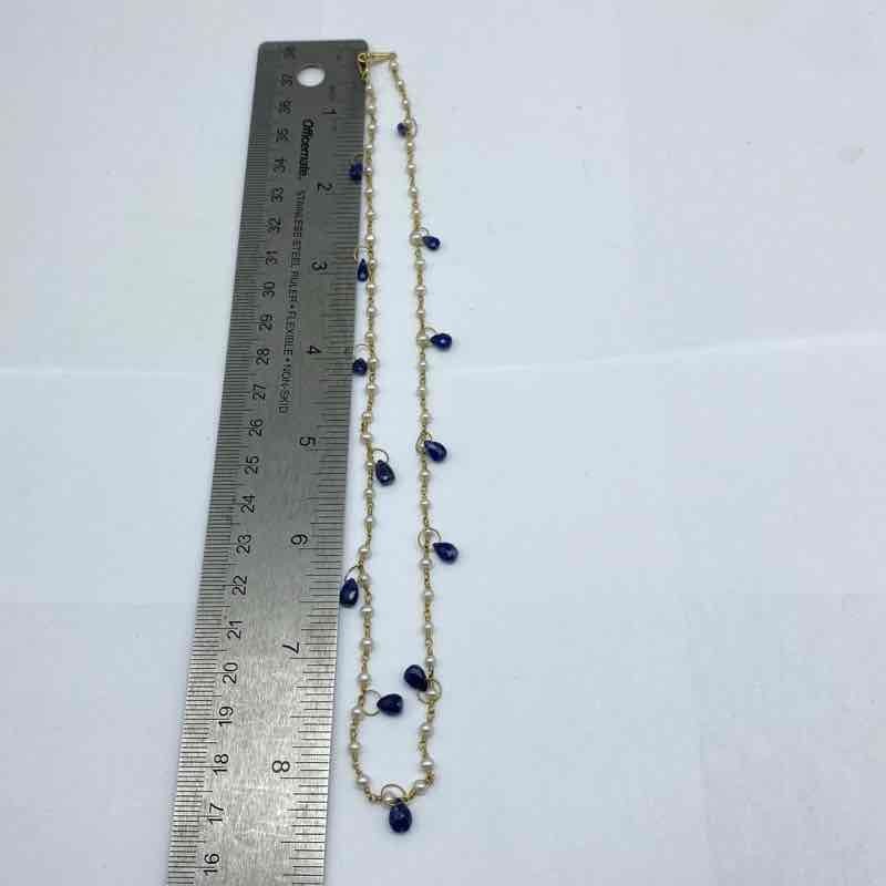 14K Yellow Gold Blue Topaz Pearl Station Dangle Necklace 17.25″ 7.28g