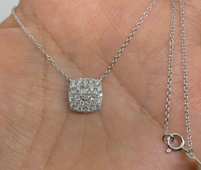 Real Moissanite 1.30Ct Round Cut Cushion Halo Stud Pendant 14K White Gold Plated