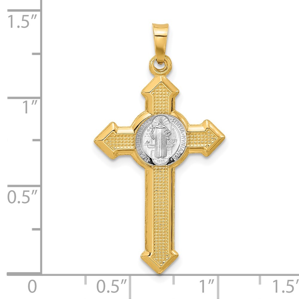 14K Two-tone Gold Textured Hollow Budded St Benedict Cross Pendant 0.86gm