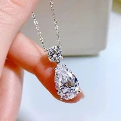 3 Ct Pear Lab Created Diamond Two Stone Charm Pendant 14K White Gold Plated 18″