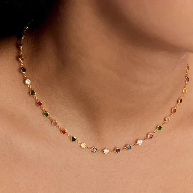Necklace 7Ct Round Cut Lab-Created Multicolor 14K Yellow Gold Plated Silver 16′
