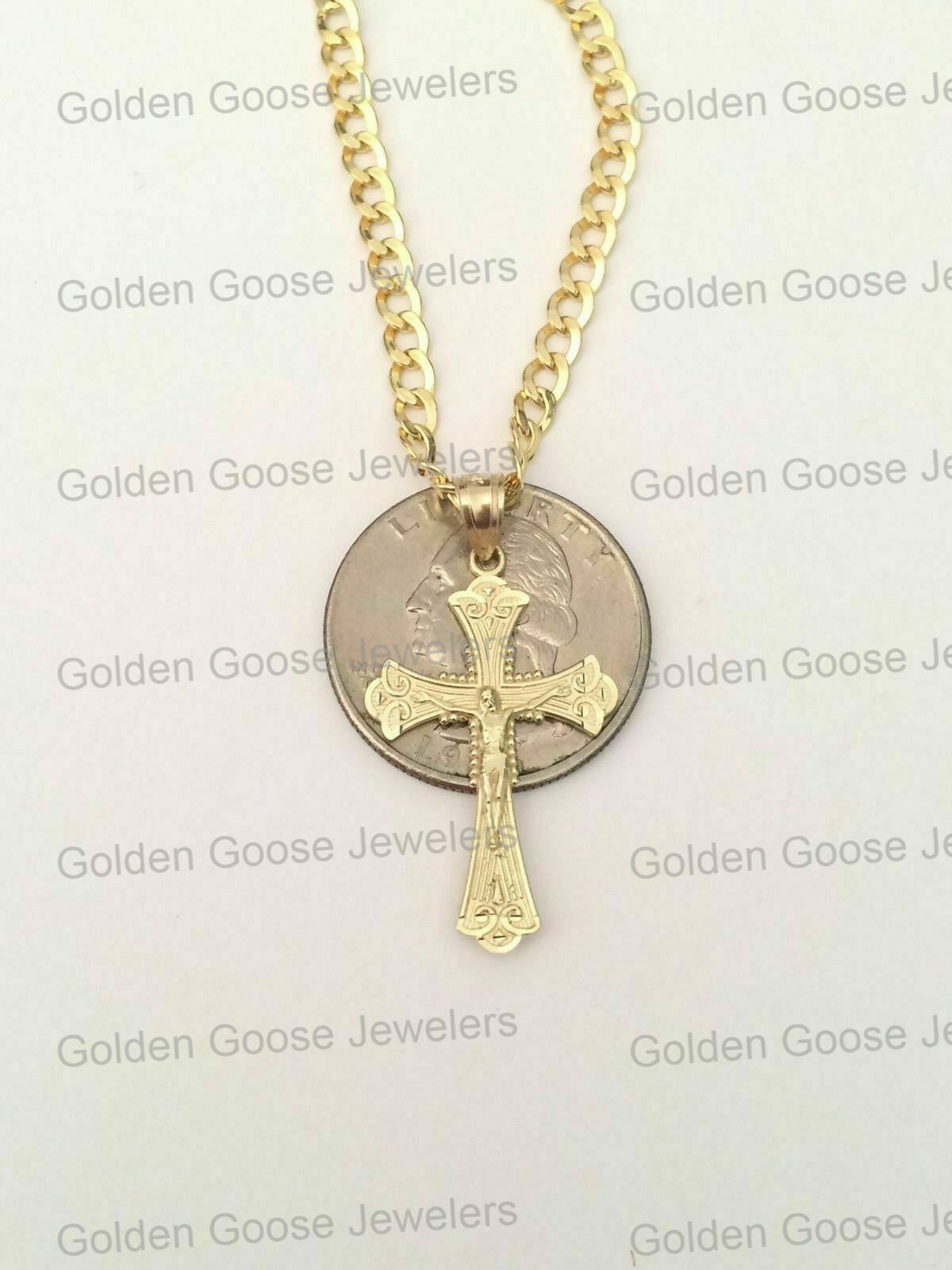 10k Yellow Gold Jesus Crucifix Cross Pendant Charm Cuban Link Chain 16″ – 24″
