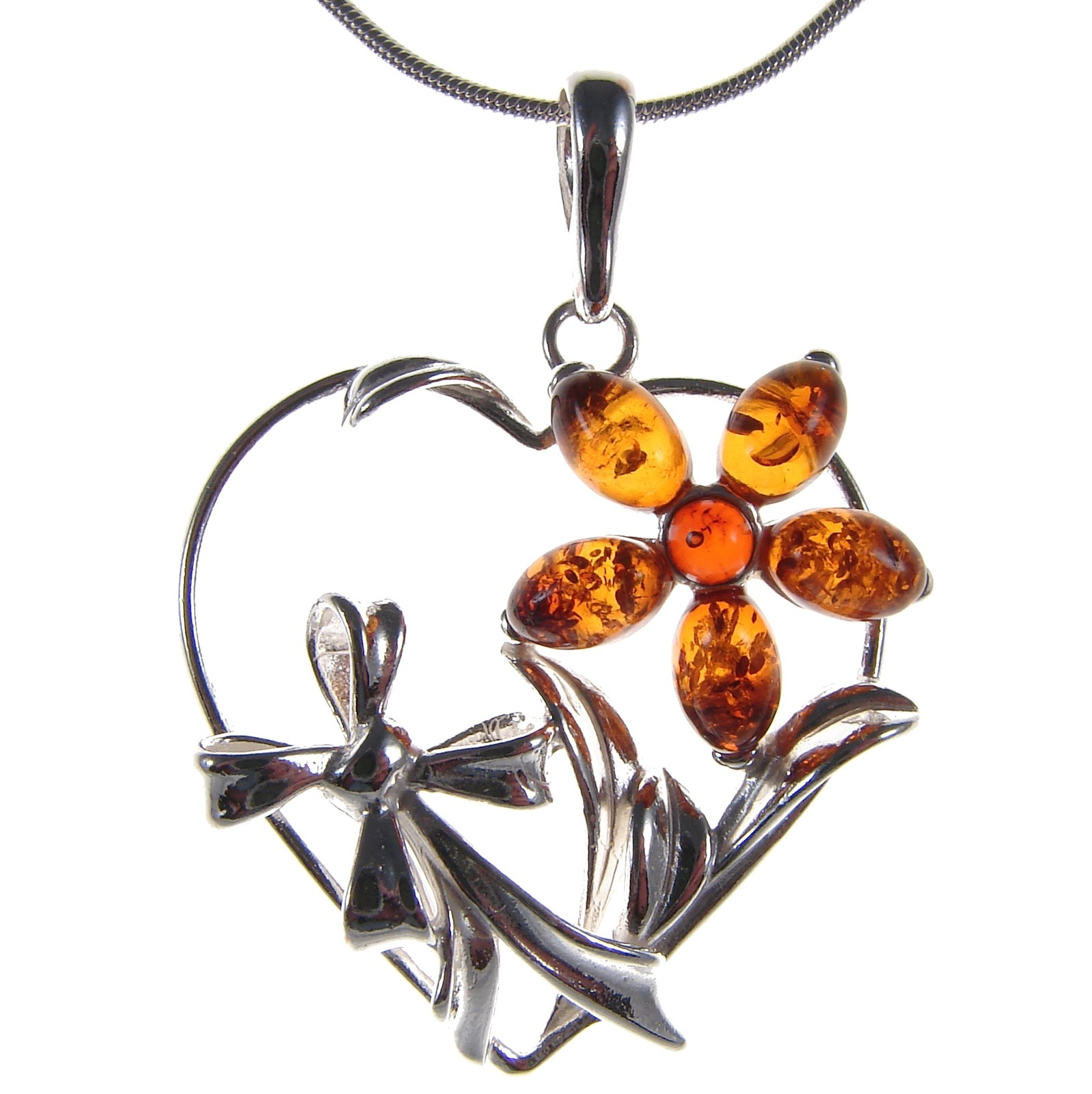 ORANGE BALTIC AMBER STERLING SILVER 925 HEART SHAPE FLOWER LEAF PENDANT NECKLACE
