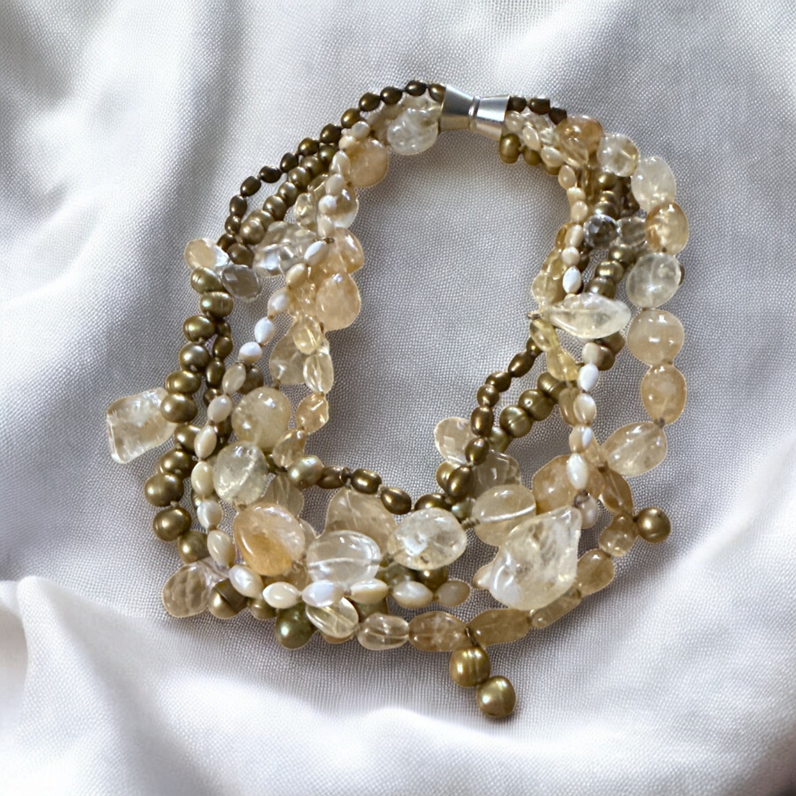 Pretty Citrine Quartz Bronze Pearl Necklace Layered Design Statement Necklace