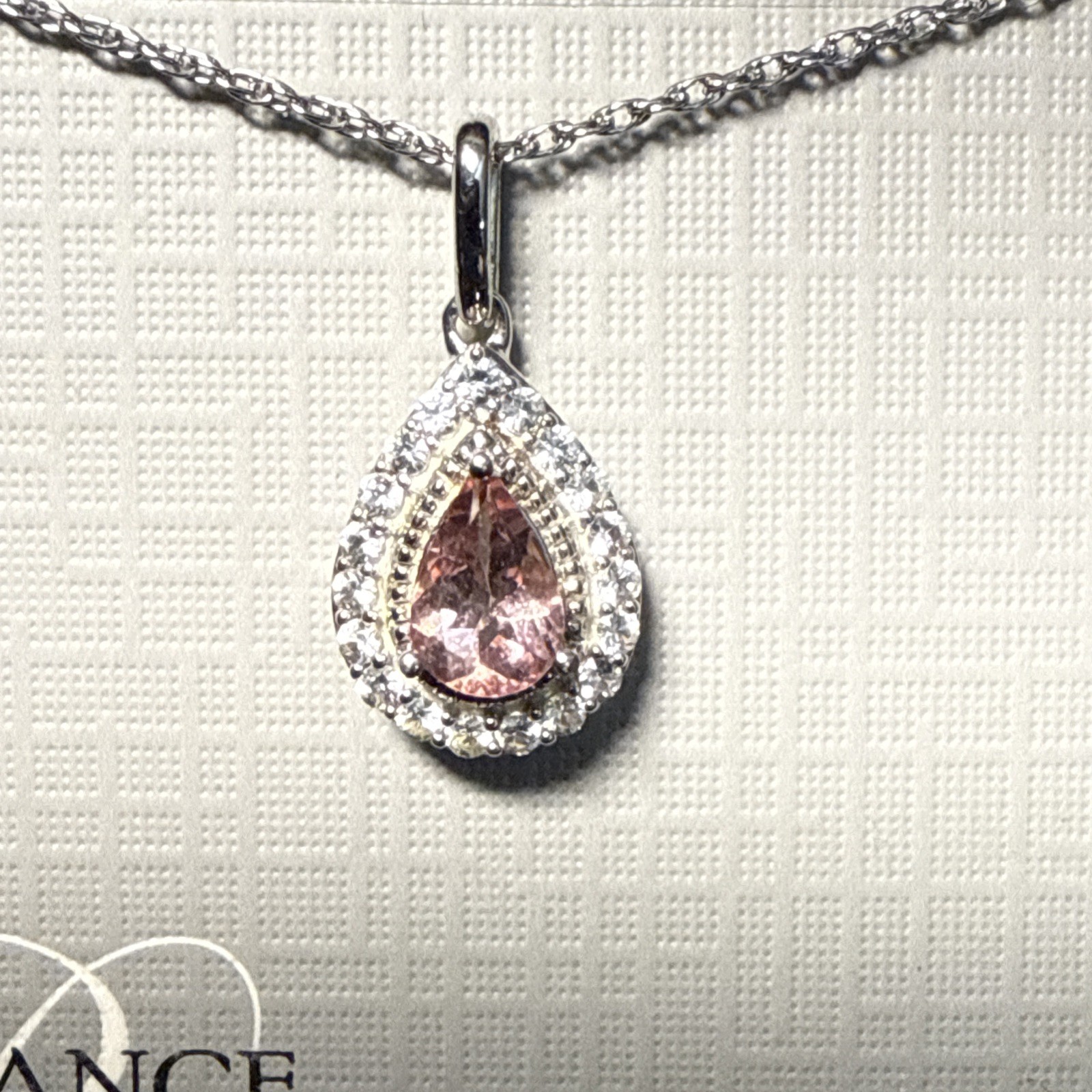 Sterling Silver Genuine Morganite And White Sapphire Pendant On 18” Necklace
