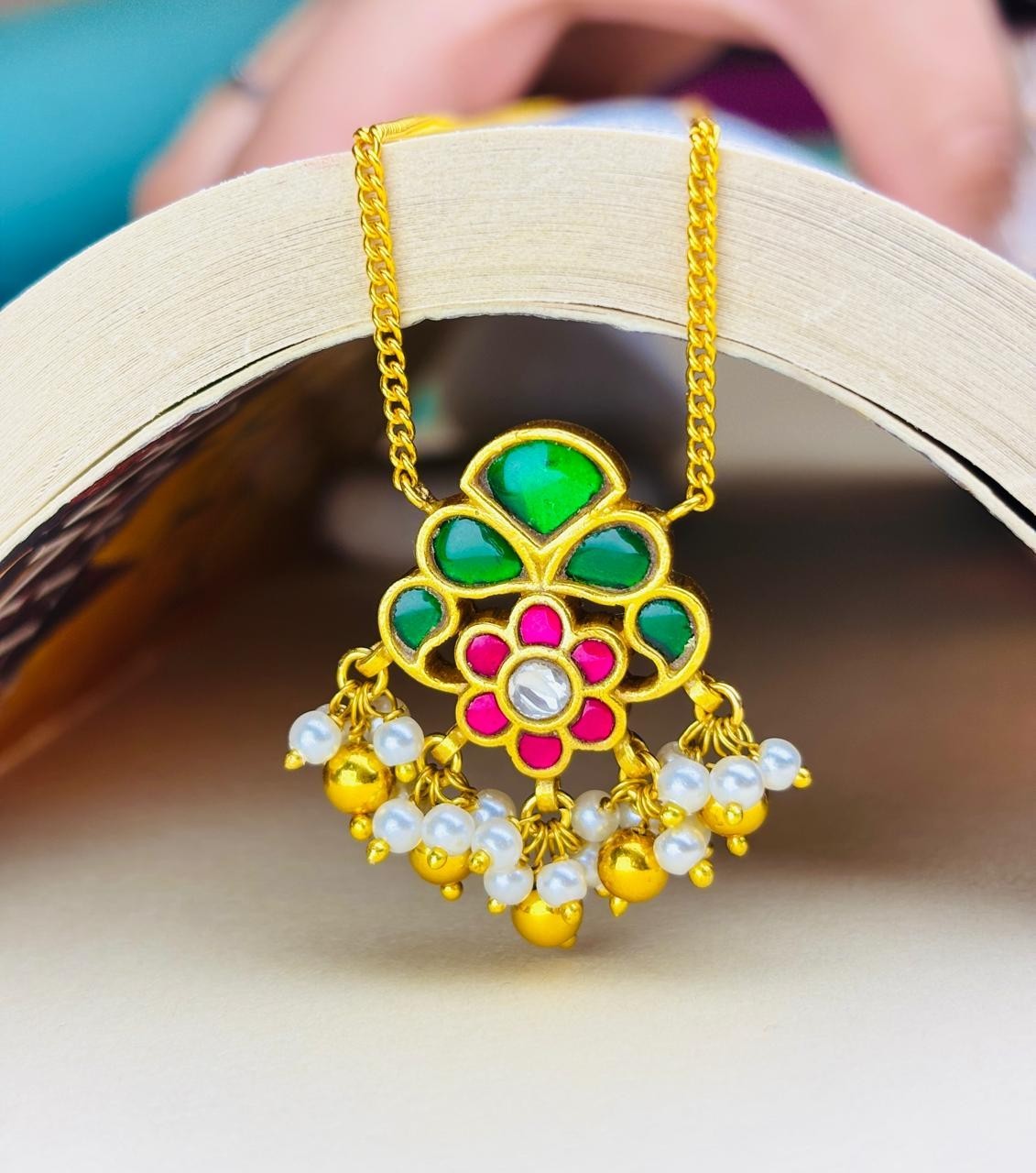 925 Silver Green Pink Floral Pendant Set Gold Plated Pearl Jewelry For Women