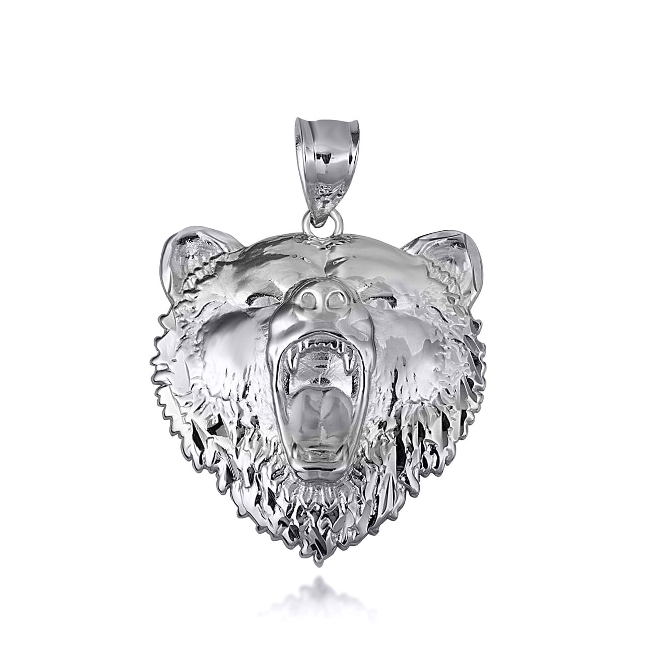 .925 Sterling Silver Roaring Grizzly Bear Head Animal Pendant Necklace