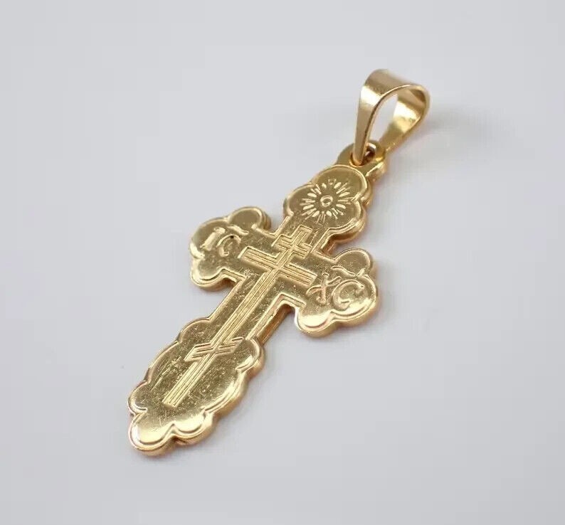 Orthodox Cross Unisex Charm Pendant 14K Yellow Gold Plated 18″ Chain
