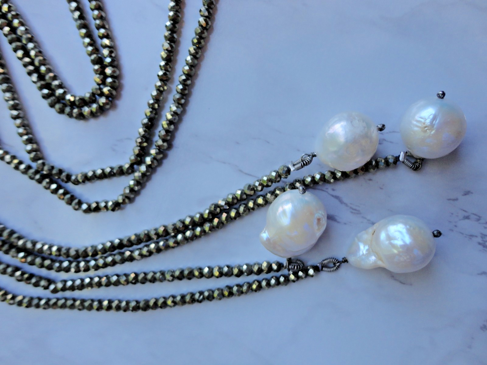 VTG ESTATE 925 INDIA BAROQUE PEARL PYRITE LARIAT BEADED DOUBLE NECKLACE 44″