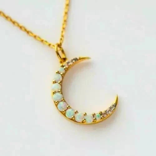 1 Ct Round Cut Fire Opal & Diamond Women’s Moon Pendant 14K Yellow Gold Finish