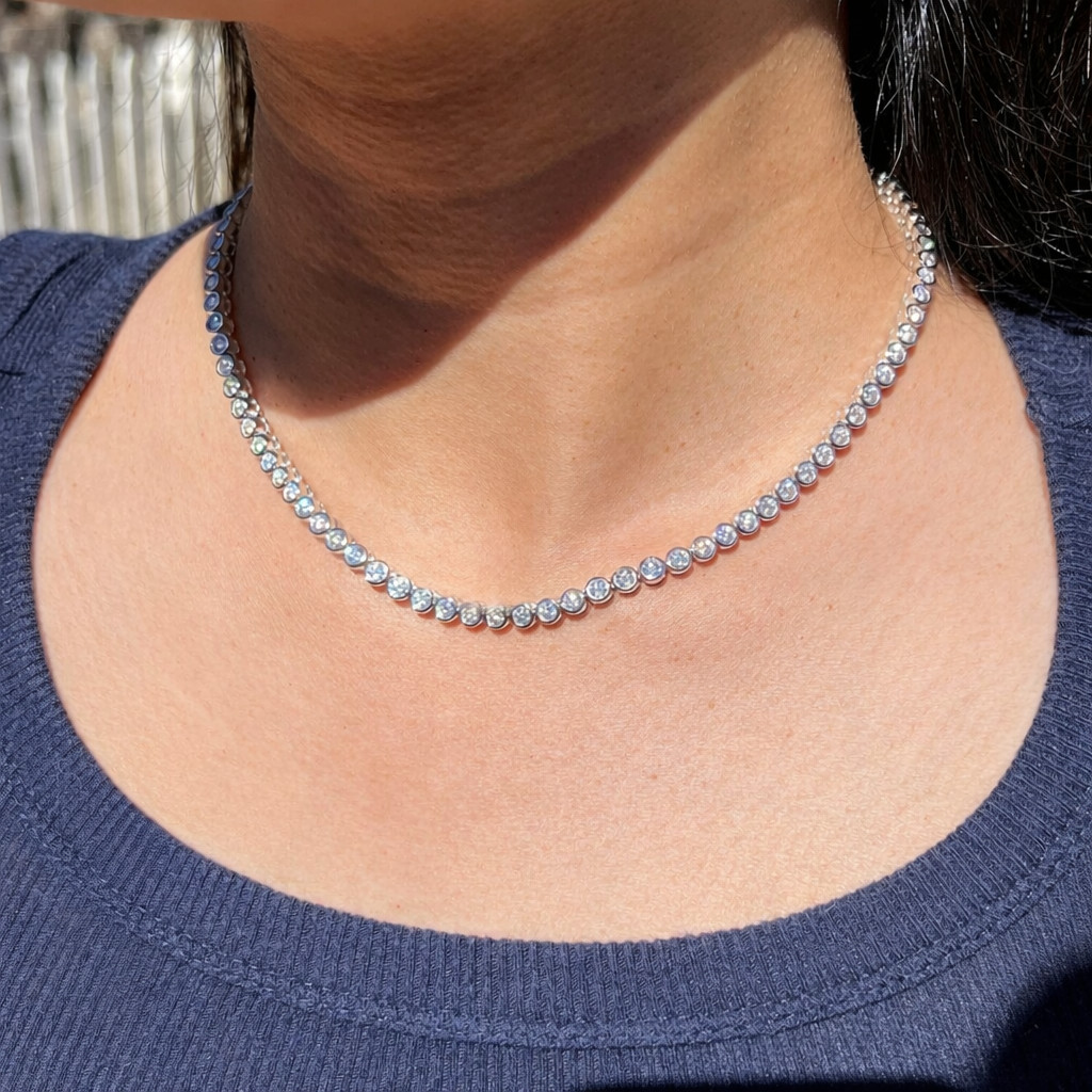 20Ct Lab Created 4MM Bezel Set Diamond Tennis Necklace 14k White Gold Plated 16″