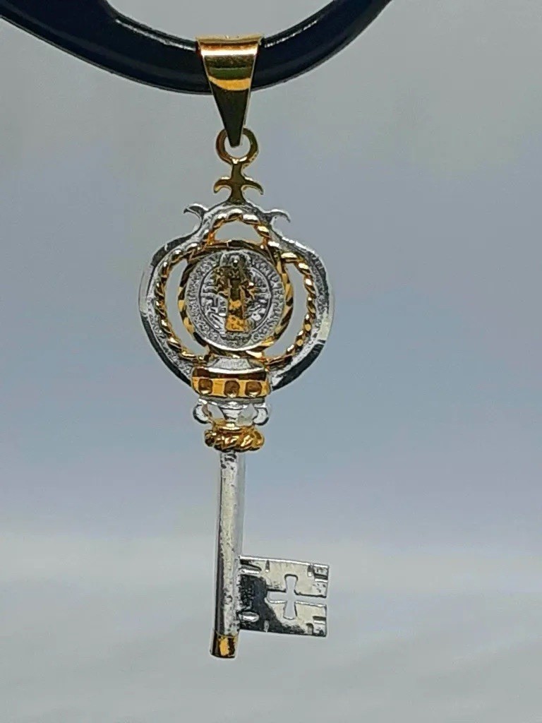 24k Gold Plated 925 Sterling Silver San Benito Saint Benedict Key Pendant Mexico
