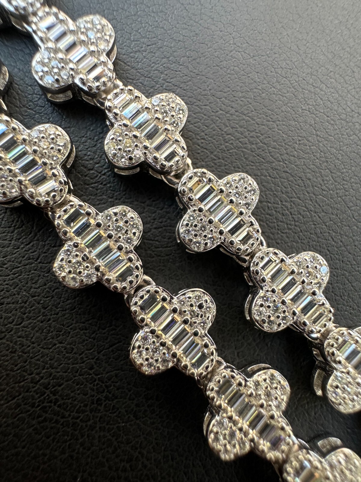 Real Iced MOISSANITE Baguette Clover Tennis Chain Necklace – VVS D Color 8mm