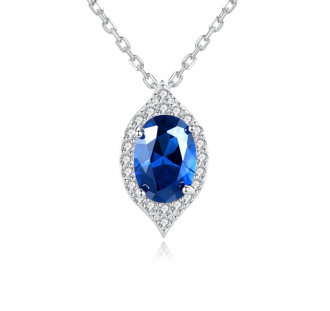 925 Sterling Silver Blue Sapphire Oval Shape Halo Necklace Elegant Women Gift