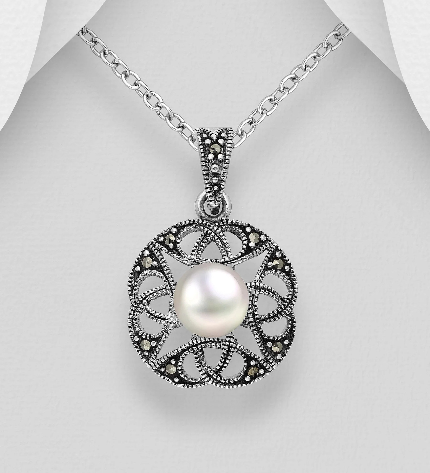 Sterling Silver Freshwater Pearl & Marcasite Filigree Pendant