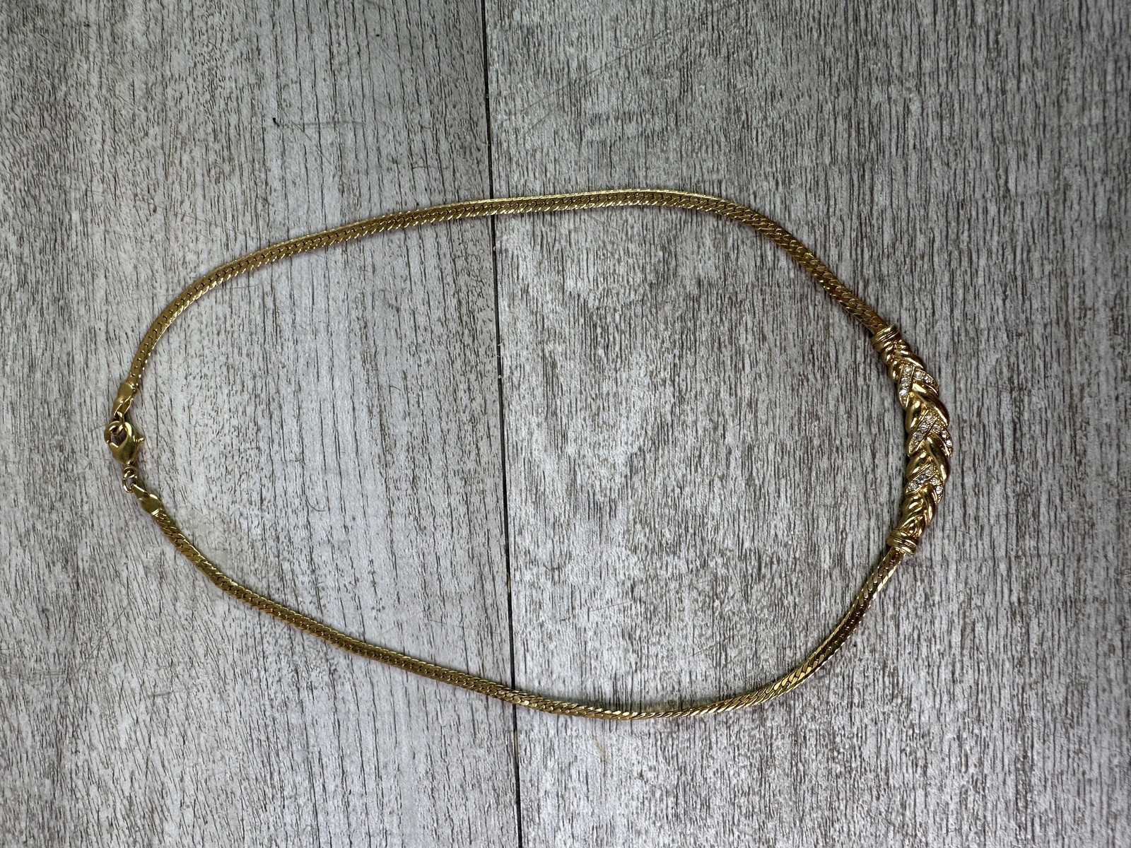 Elegant Gold Tone Snake Chain Necklace with Clear Stone Accents 15.5″