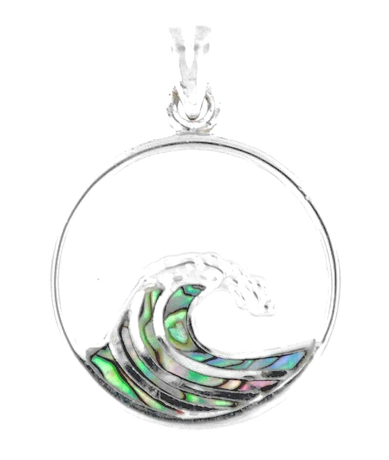 23.5MM SOLID 925 SILVER INLAID PAUA ABALONE SHELLS HAWAIIAN OCEAN WAVE PENDANT