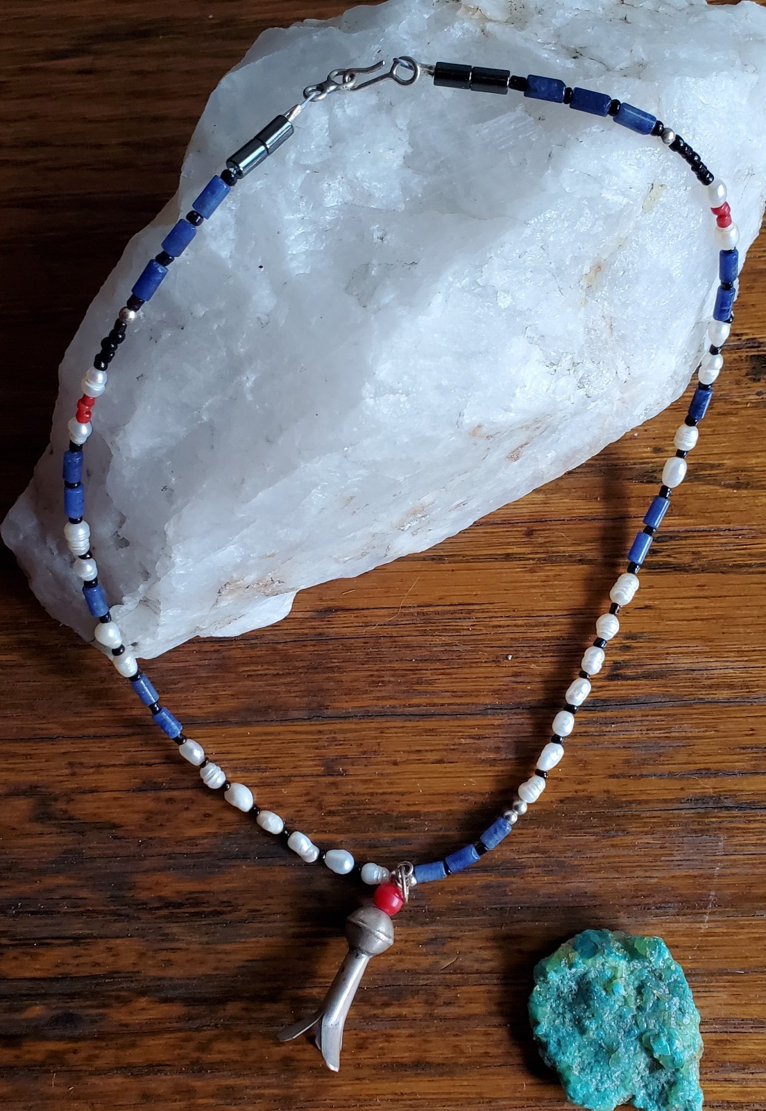 17 1/2″ Inch tiny lapis , Rice Pearl And gold Bead Squash blossom Necklace