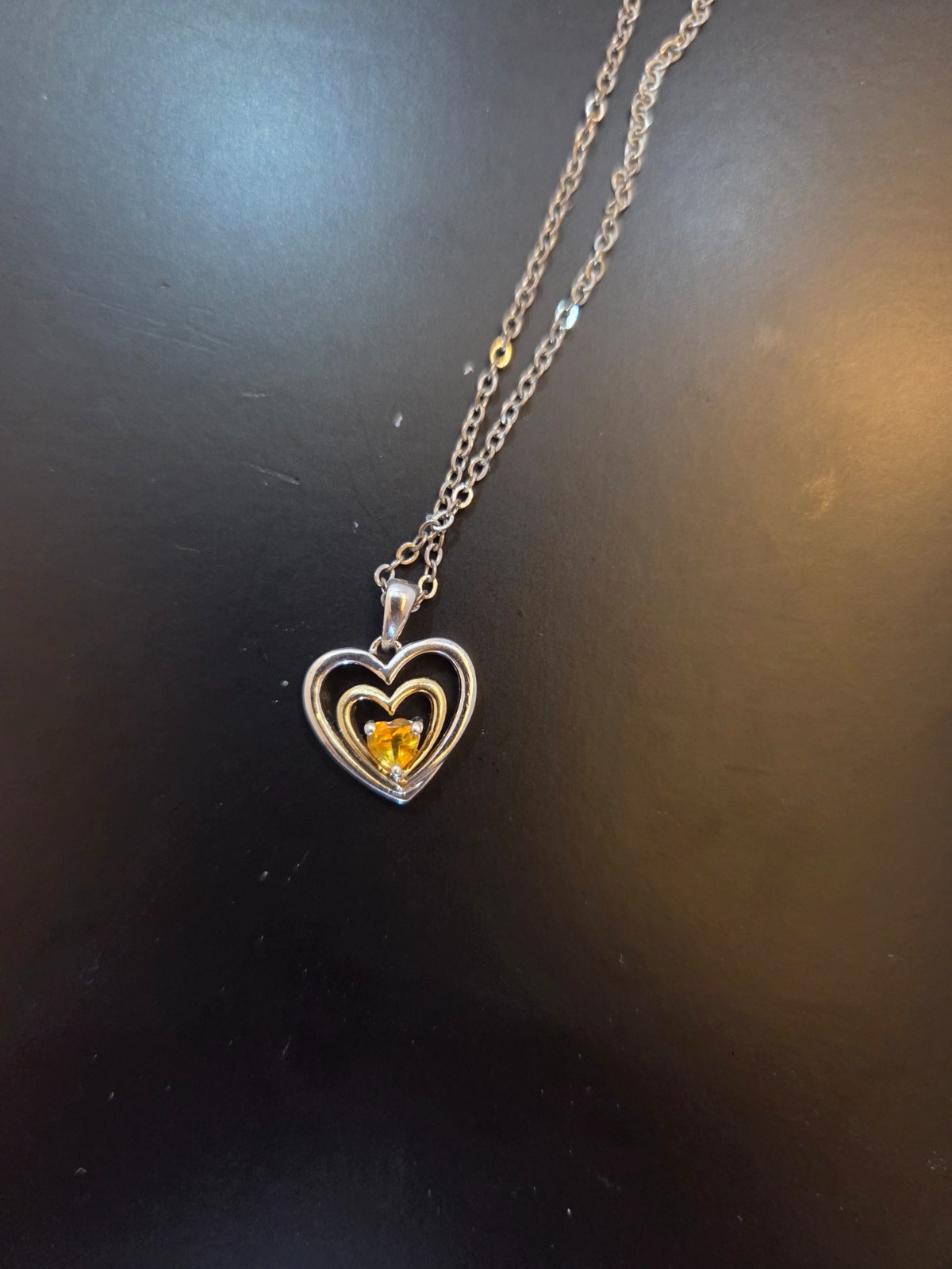 925 Sterling Silver Double Heart Pendant with Yellow Citrine Quartz Stone Crysta