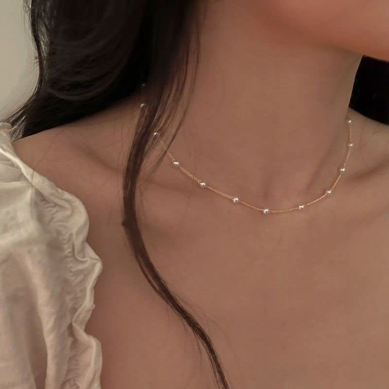 Pearl Choker Necklace for Women,18k Gold Tiny Chain Dainty Charm Adjustable Aest