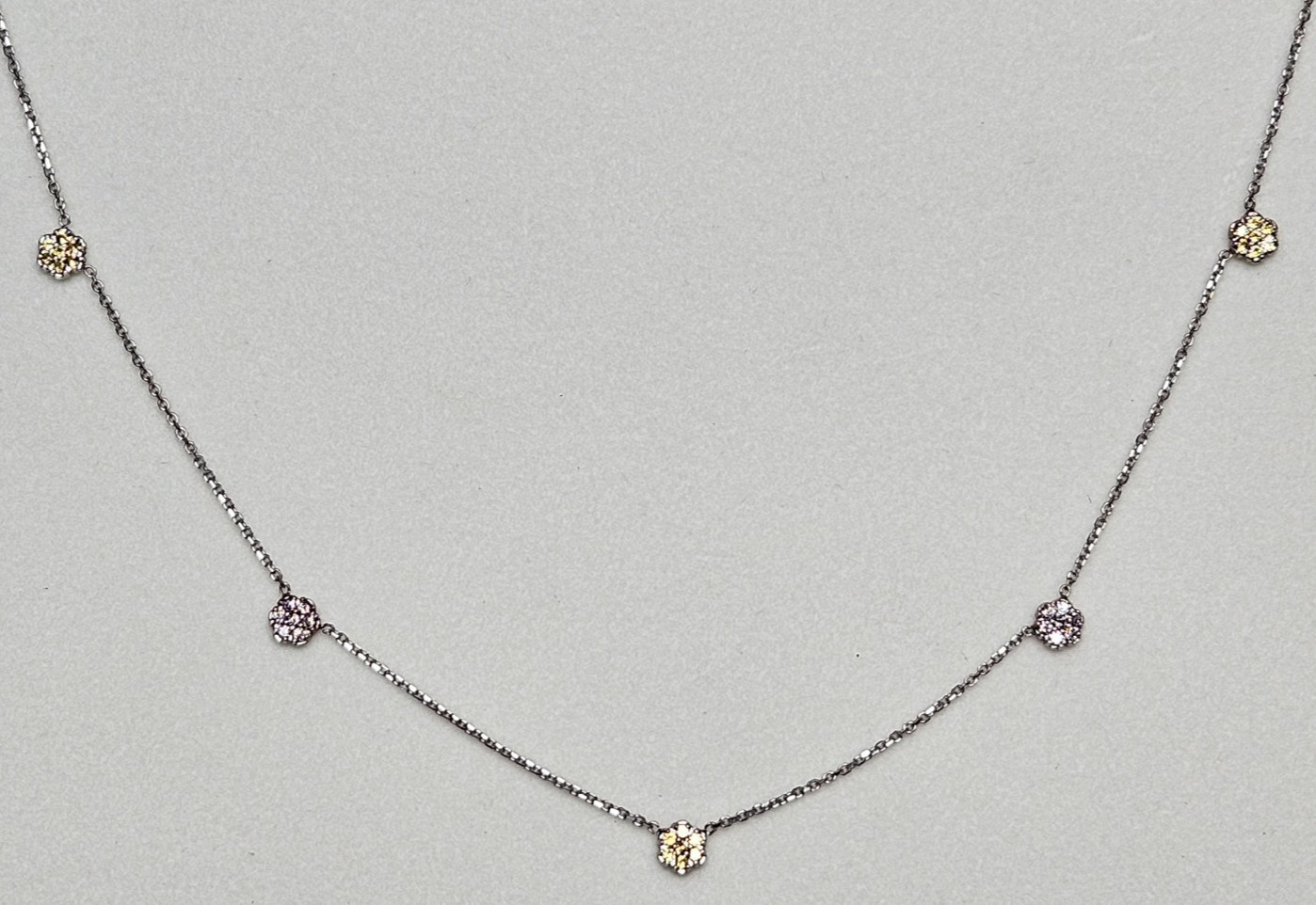14K WHITE GOLD 17″ NECKLACE WITH 3 YELLOW SAPPHIRE AND 2 WHITE DIAMOND SECTIONS