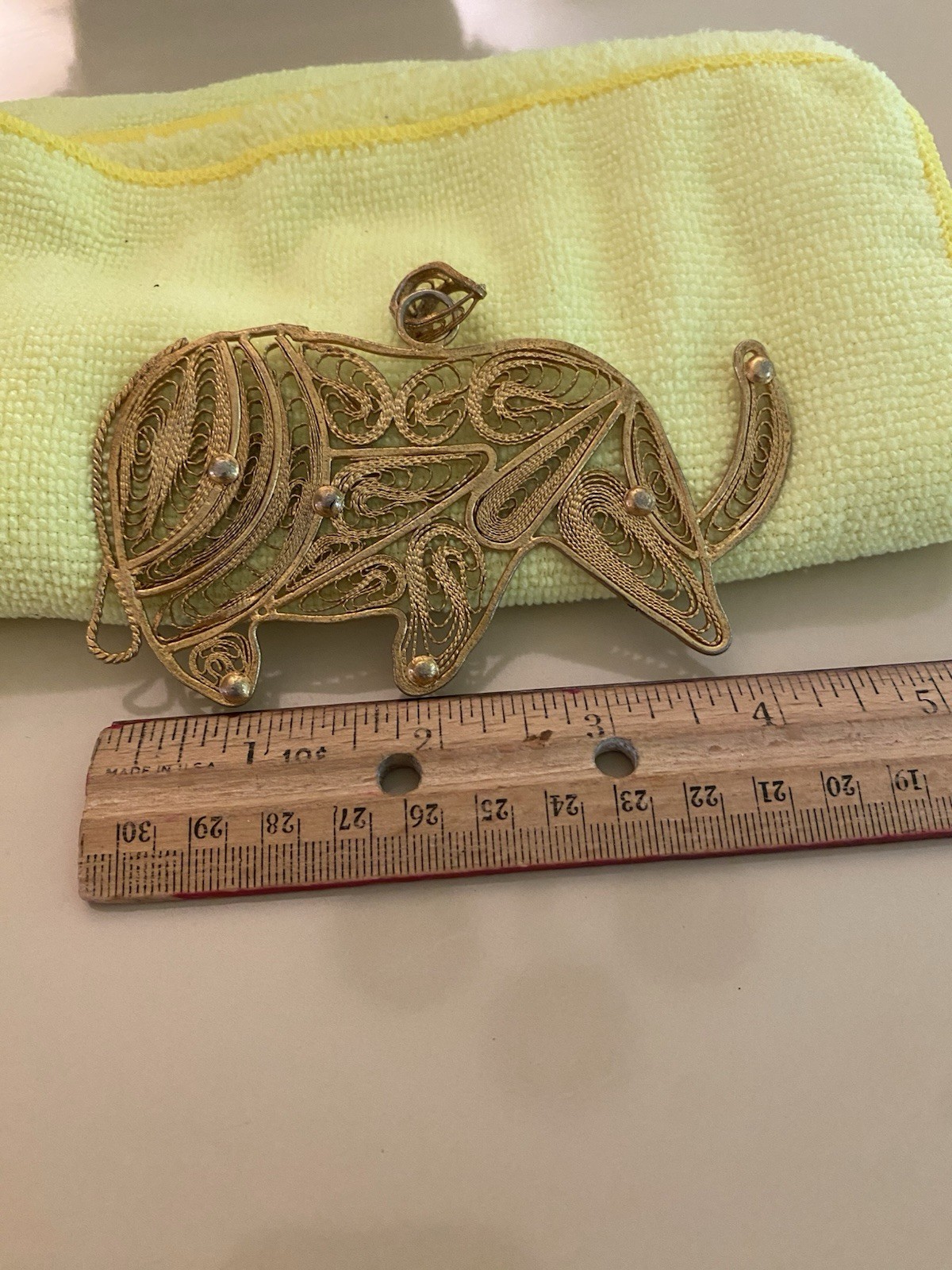 Rare Vintage Rhinoceros Outlined Metal Necklace Pendant 4.24″ Wide With 6 Beads