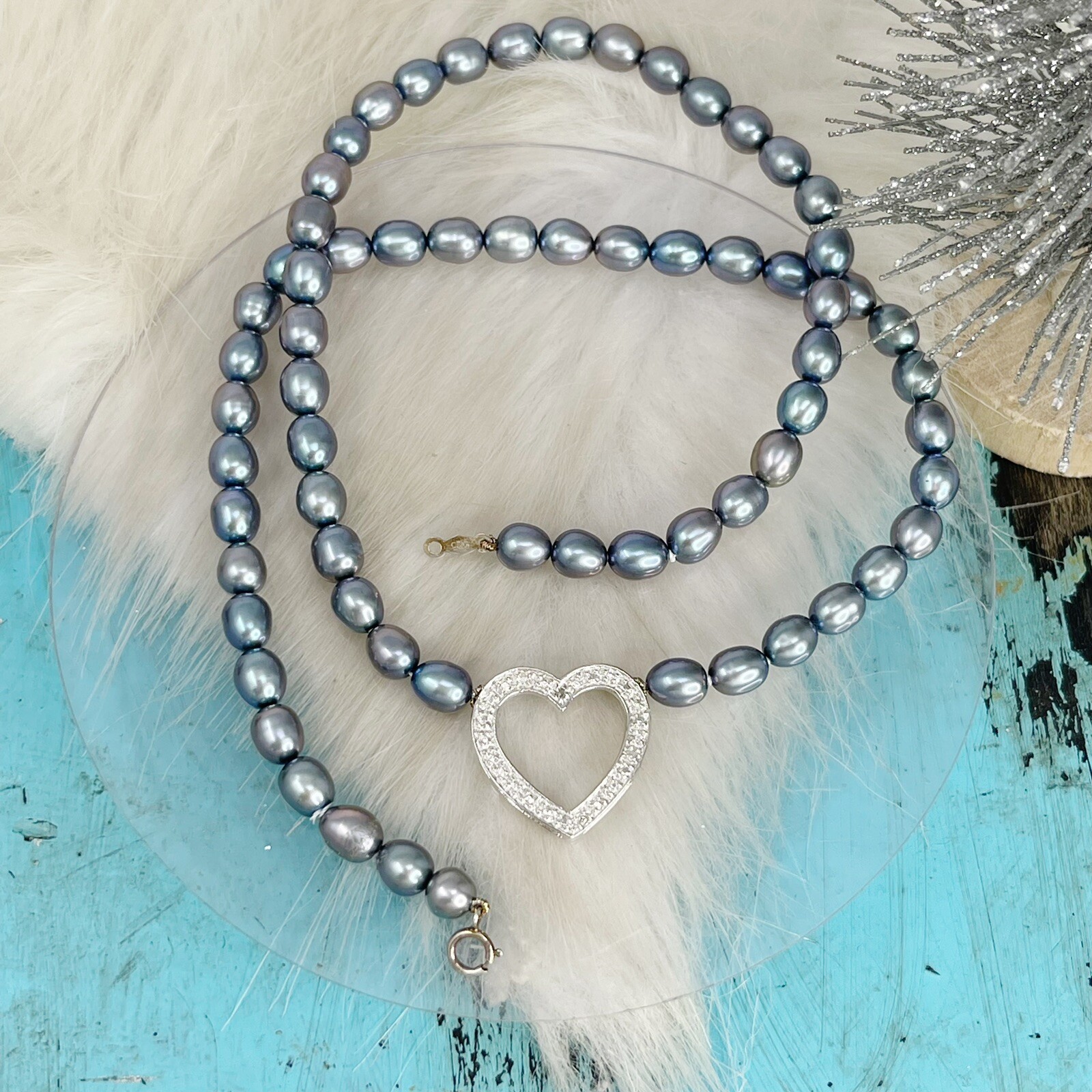 One Diamond Chip Freshwater Pearl Sterling Silver Heart Necklace Choker