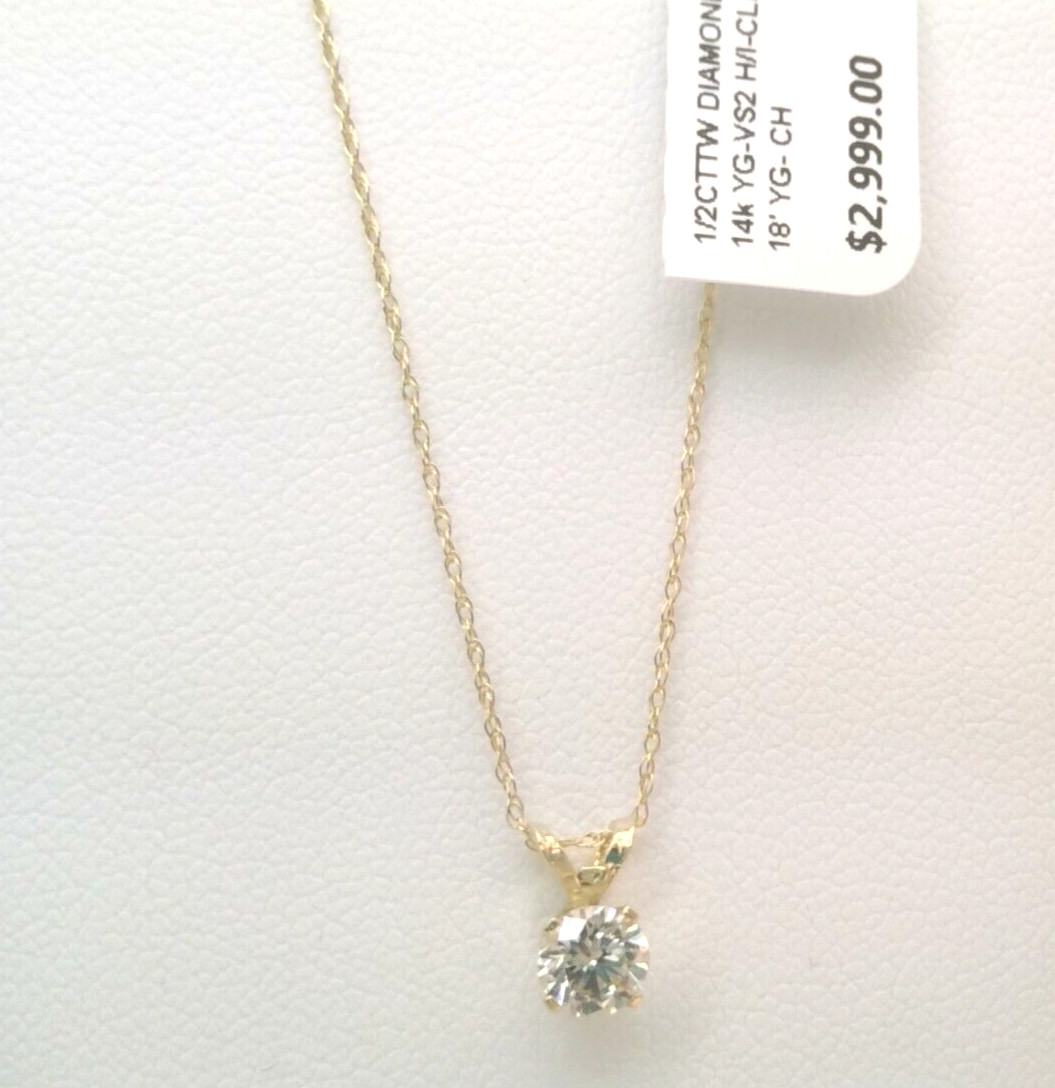 $3000 REAL GENUINE Diamond SOLITAIRE PENDANT NECKLACE 14k yellow Gold SOLID! 18′