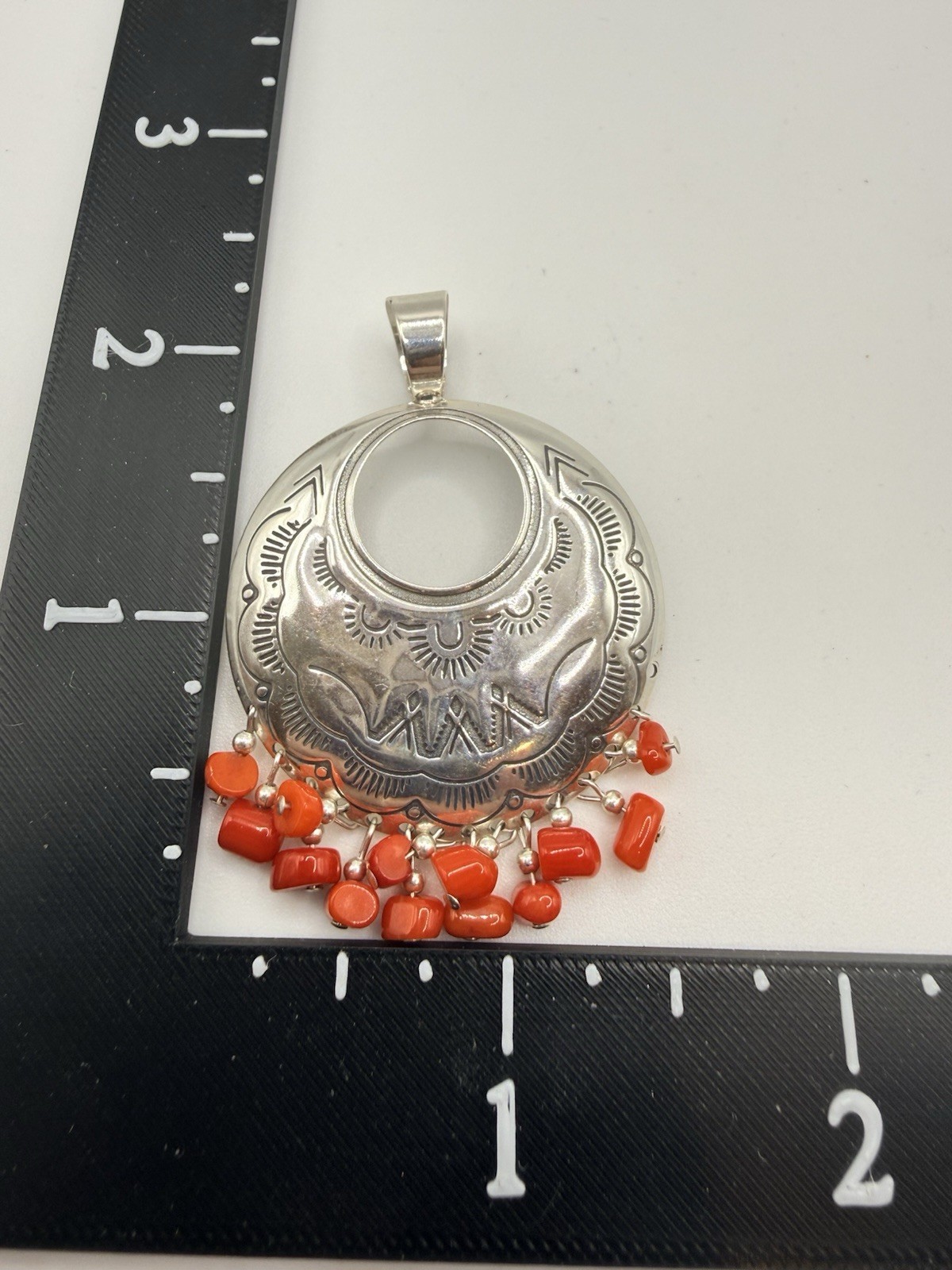 Southwestern Sterling Silver Pendant Quoc QT 925 Red Coral Nugget Dangle Etched