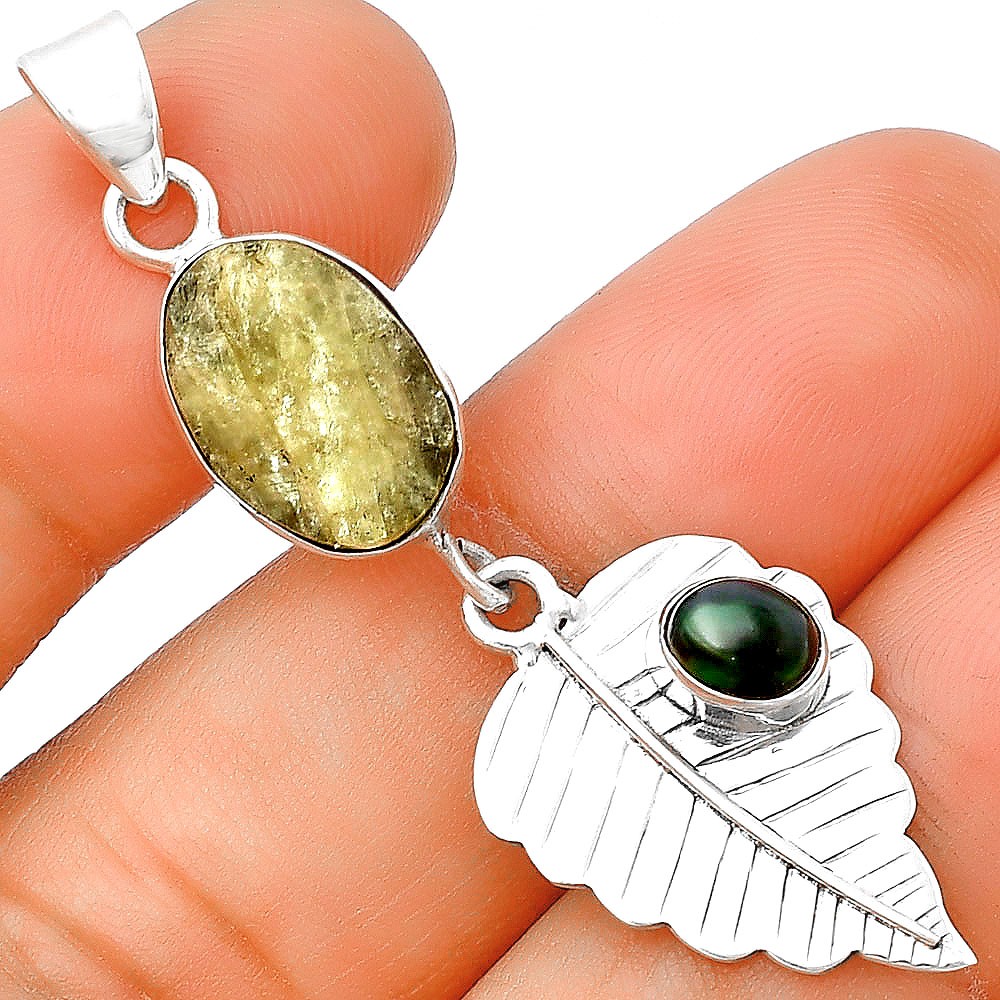 Leaf Green Kyanite Rough & Black Ethiopian Opal 925 Silver Pendant P-1539